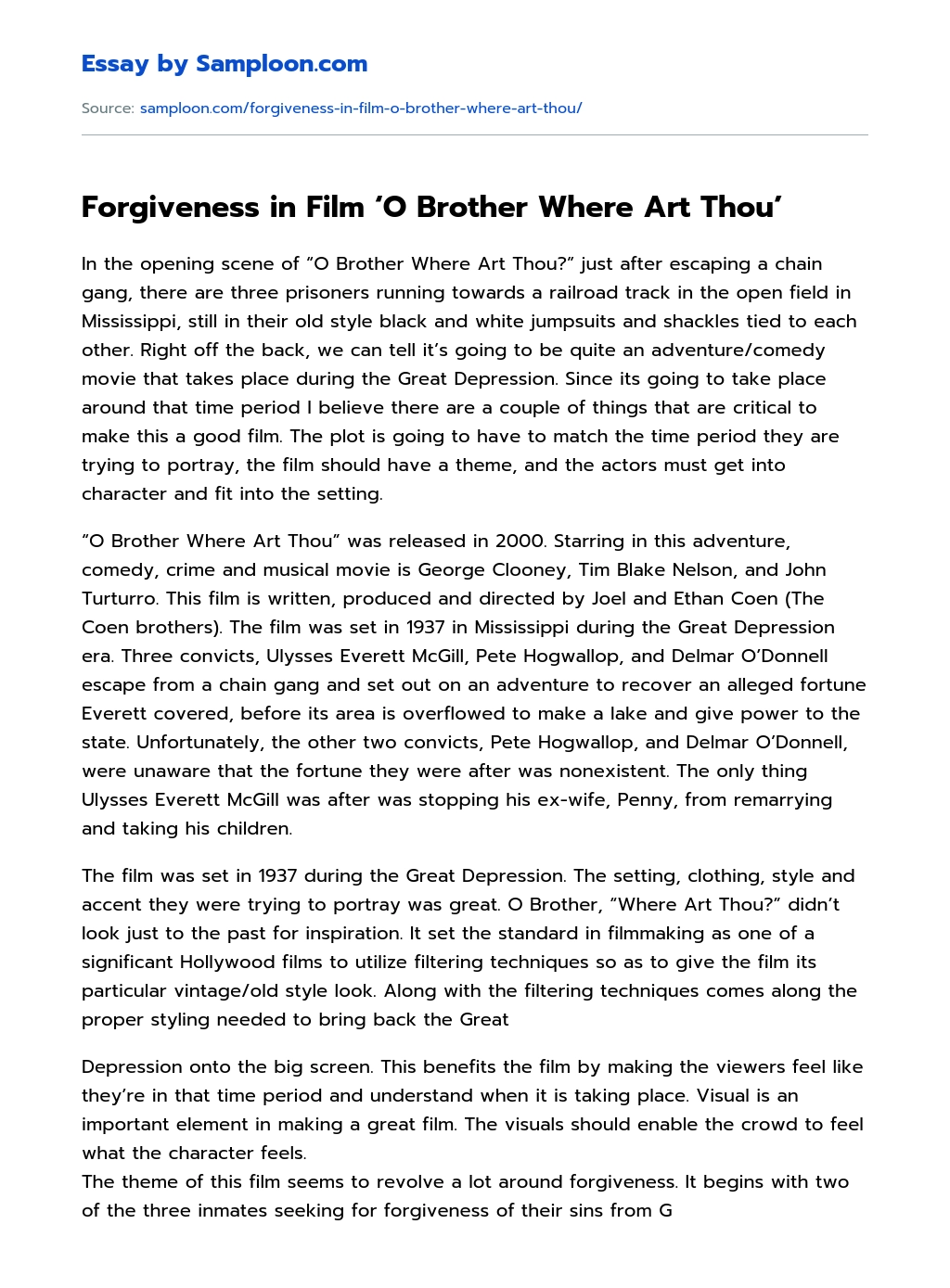 Forgiveness in Film ‘O Brother Where Art Thou’ Analytical Essay essay