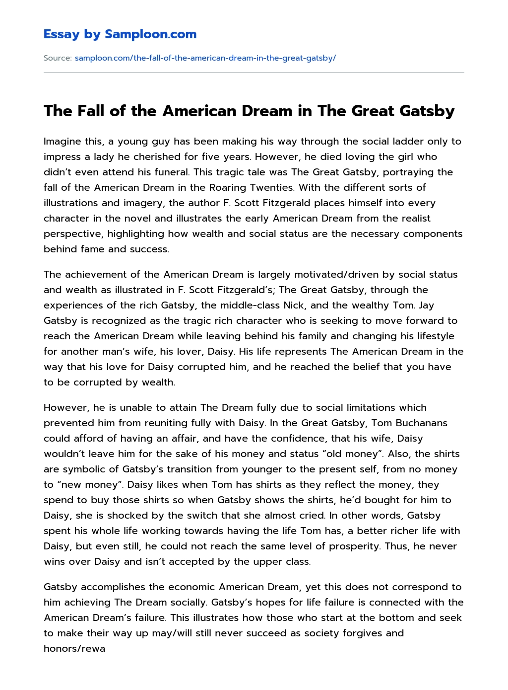The Fall of the American Dream in The Great Gatsby essay