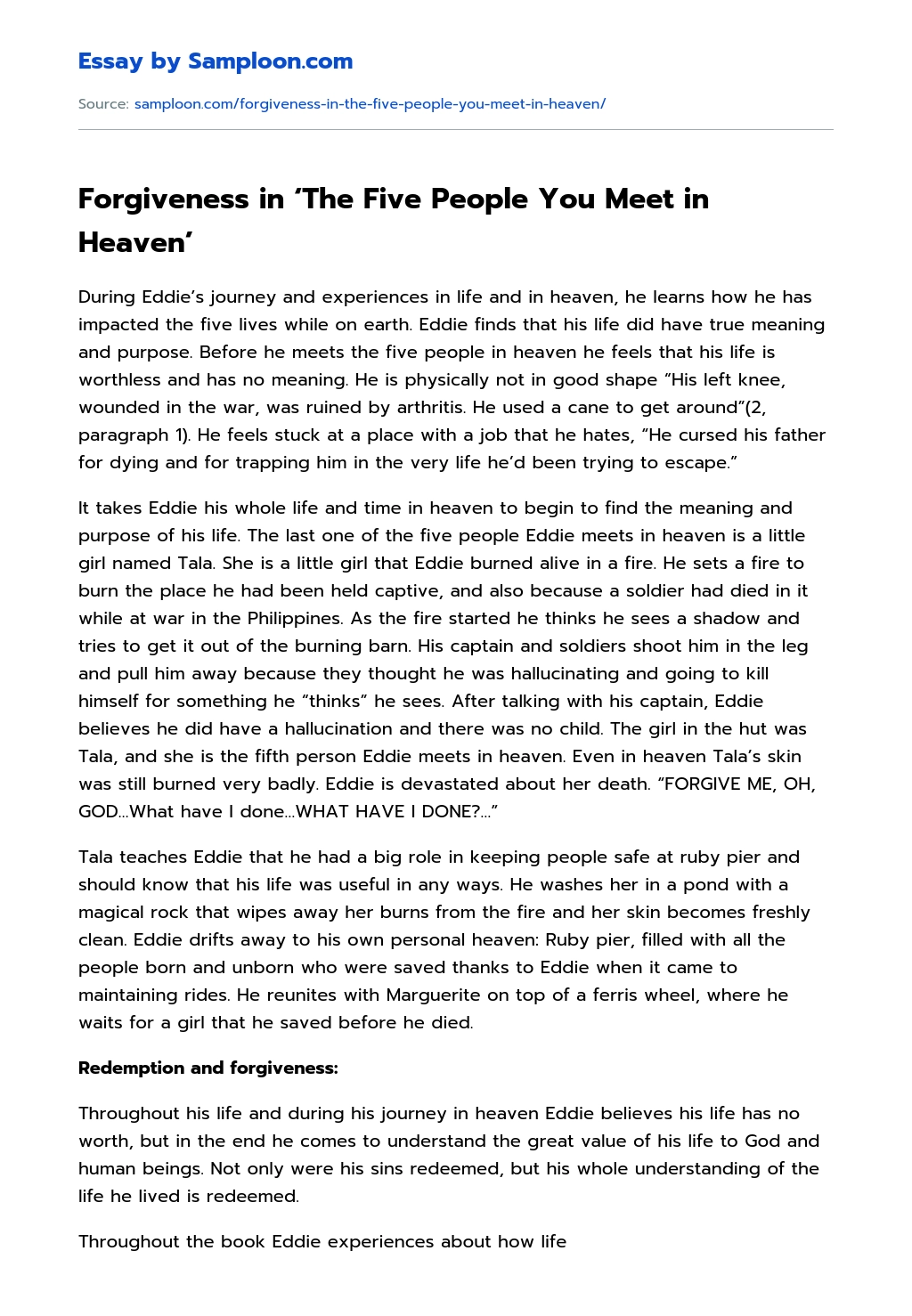 Forgiveness in ‘The Five People You Meet in Heaven’ Character Analysis essay