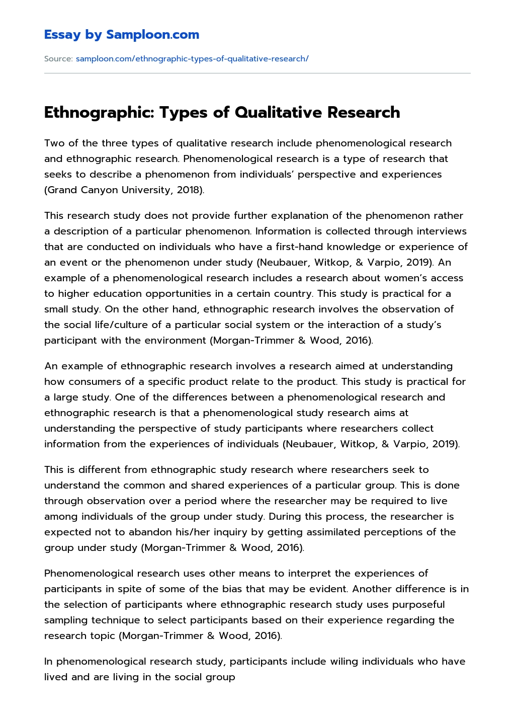 Ethnographic: Types of Qualitative Research Analytical Essay essay