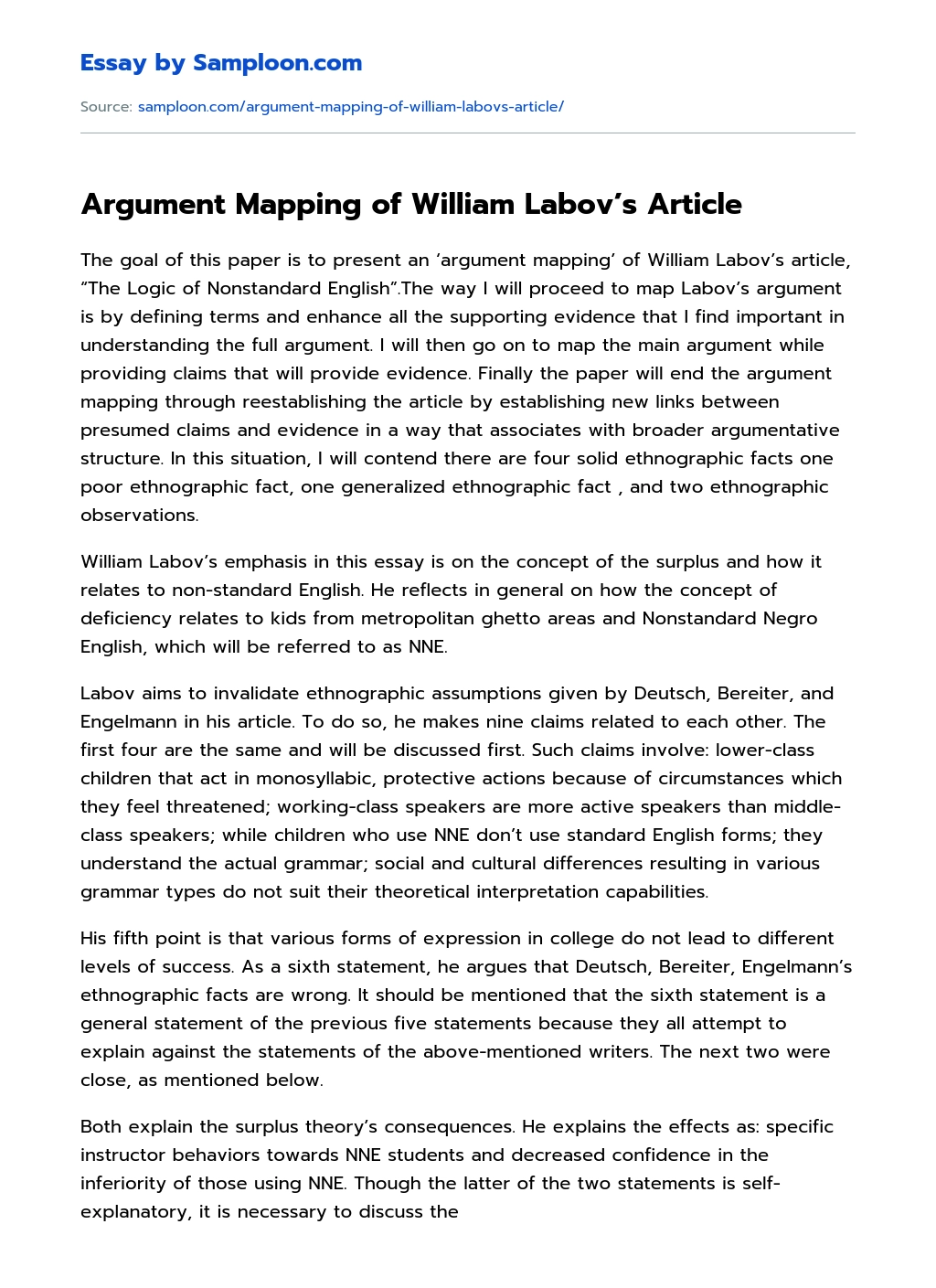 Argument Mapping of William Labov’s Article essay