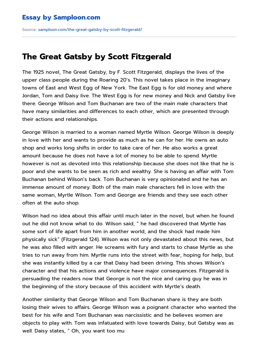 The Great Gatsby by Scott Fitzgerald essay