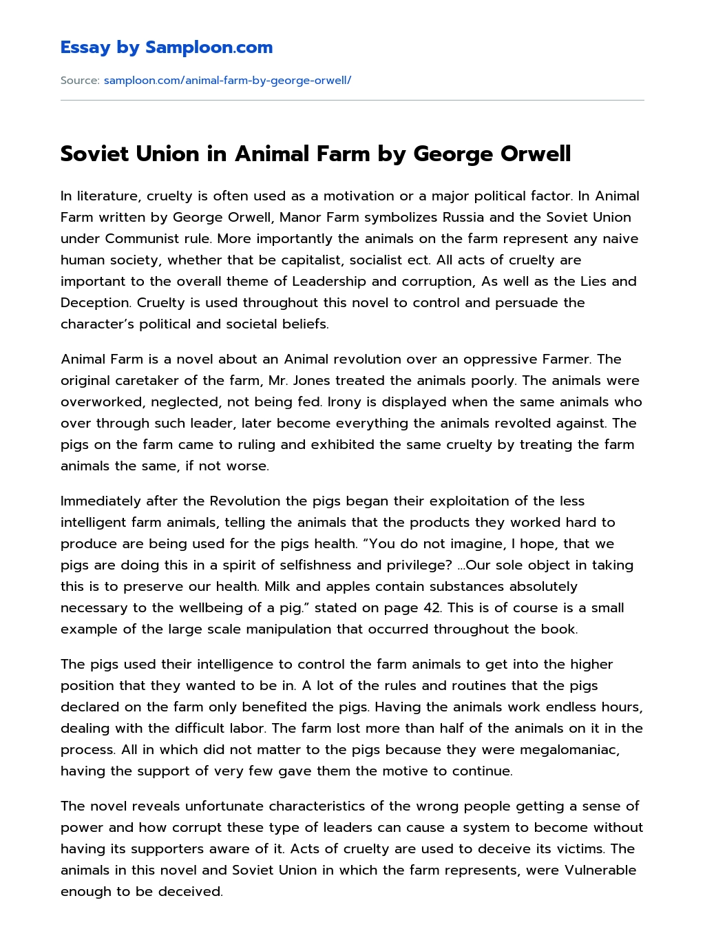 Soviet Union in Animal Farm by George Orwell essay