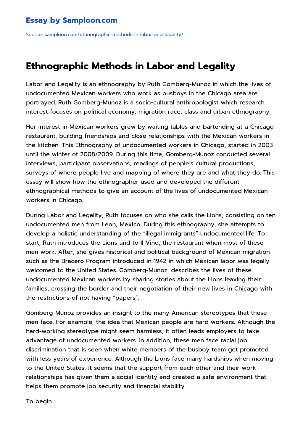 Ethnographic Methods in Labor and Legality Research Paper essay