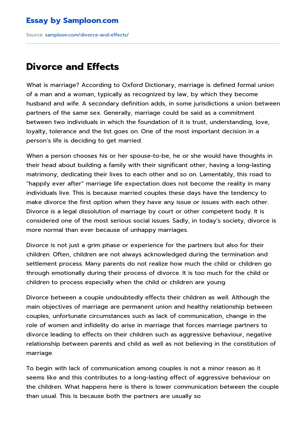 Divorce and Effects Cause And Effect Essay essay
