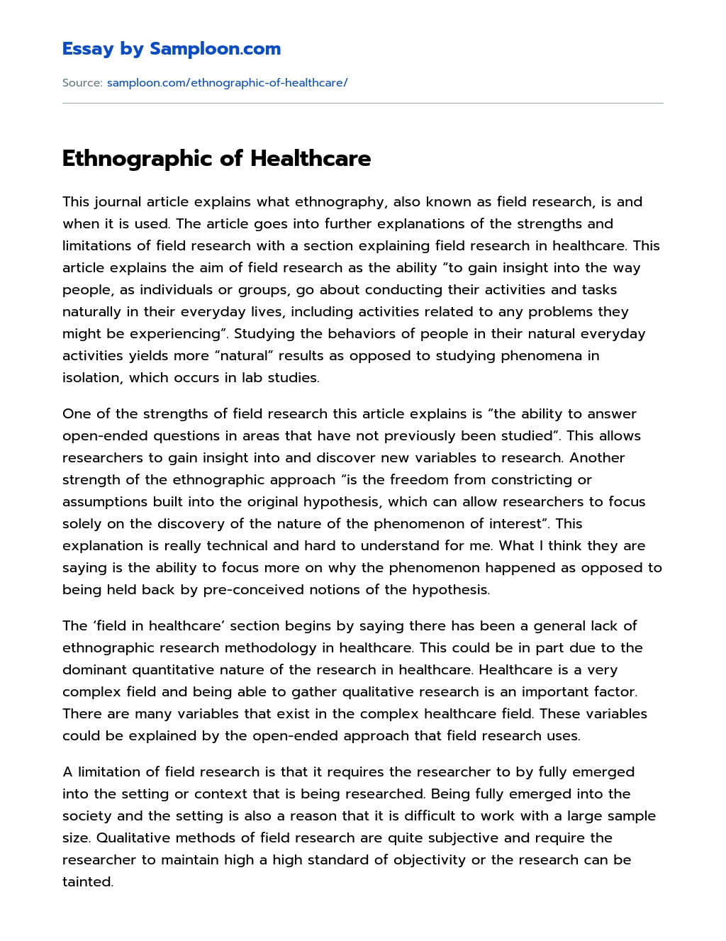 Ethnographic of Healthcare essay