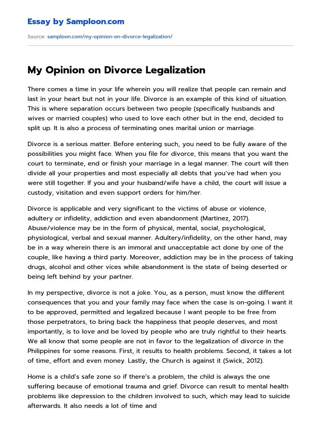 My Opinion on Divorce Legalization Argumentative Essay essay