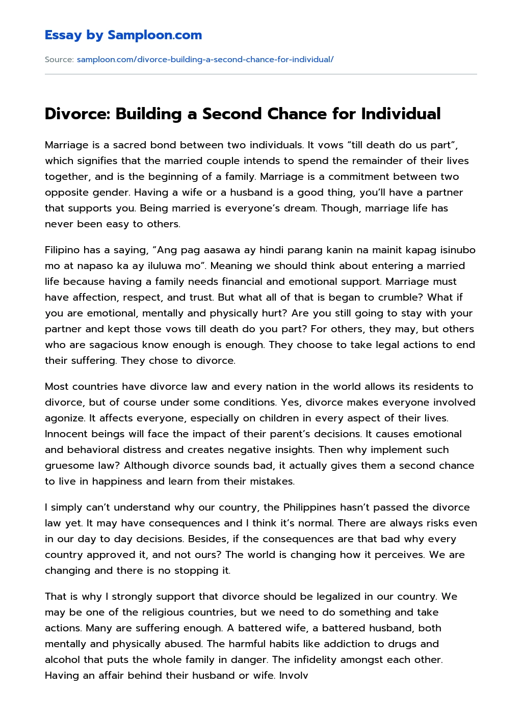 Divorce: Building a Second Chance for Individual essay