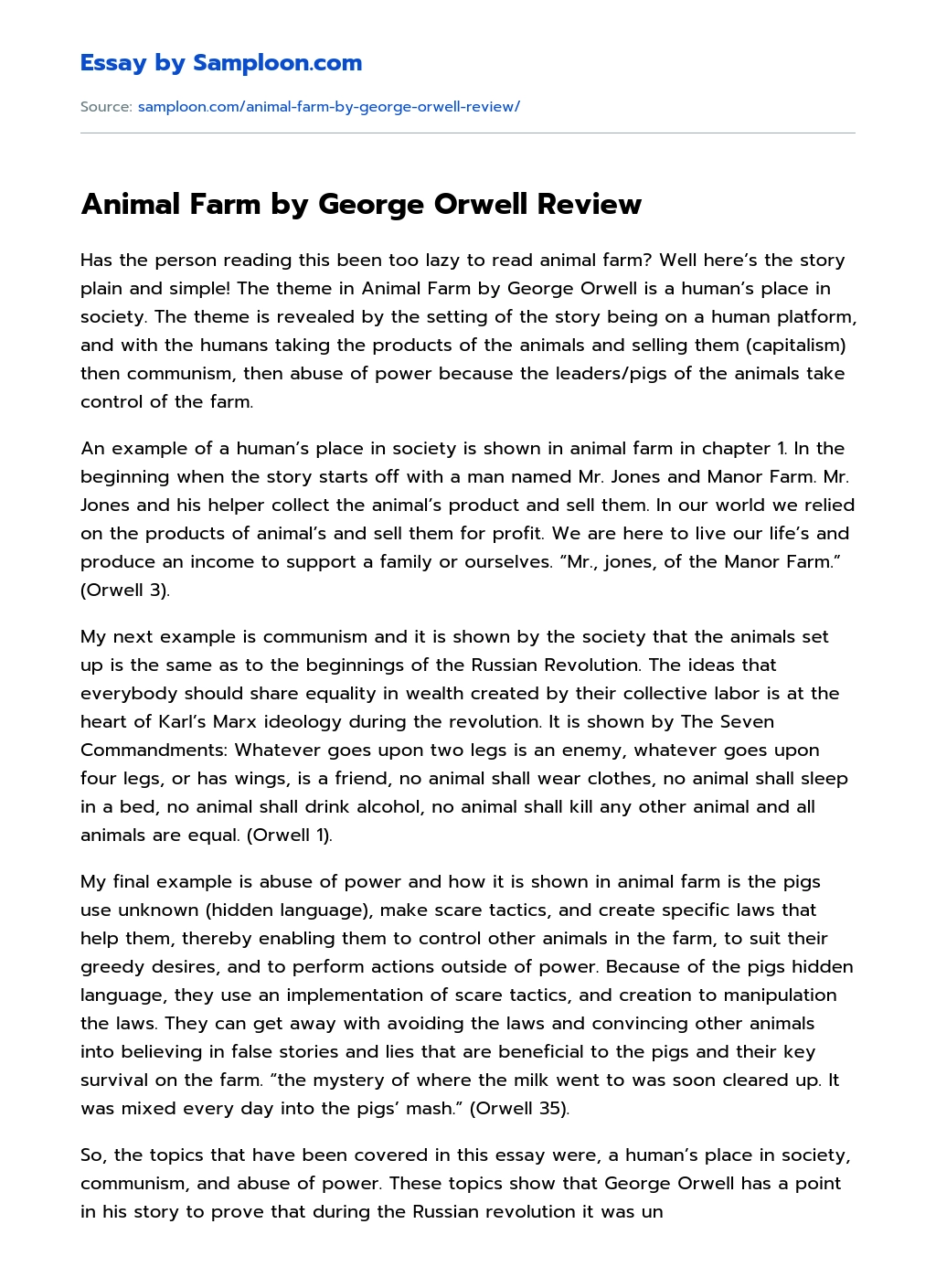 Animal Farm by George Orwell Review essay