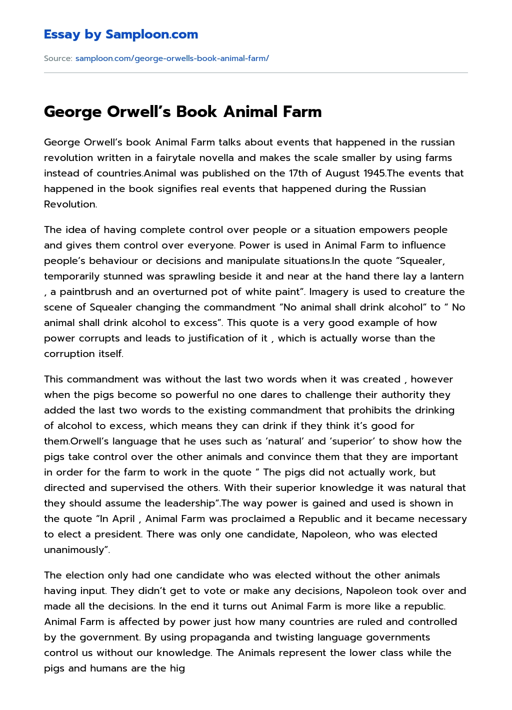 George Orwell’s Book Animal Farm Review essay