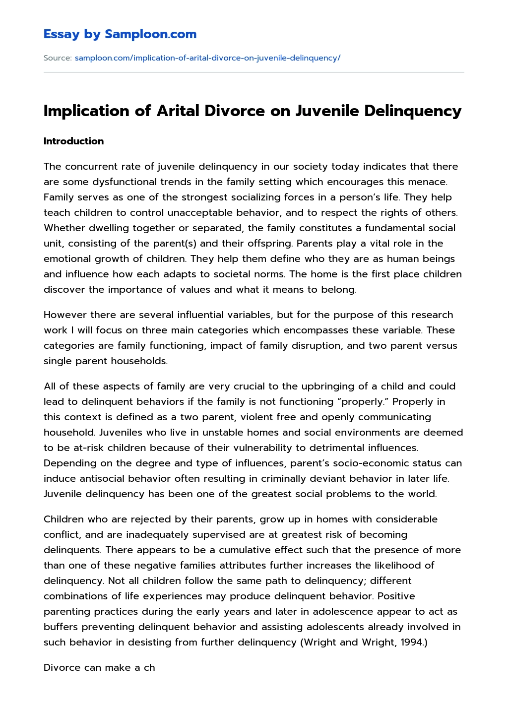 Implication of Arital Divorce on Juvenile Delinquency essay