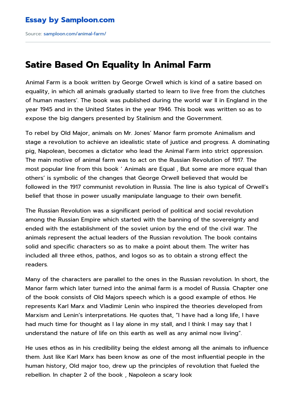≫ Satire Based On Equality In Animal Farm Free Essay Sample on 