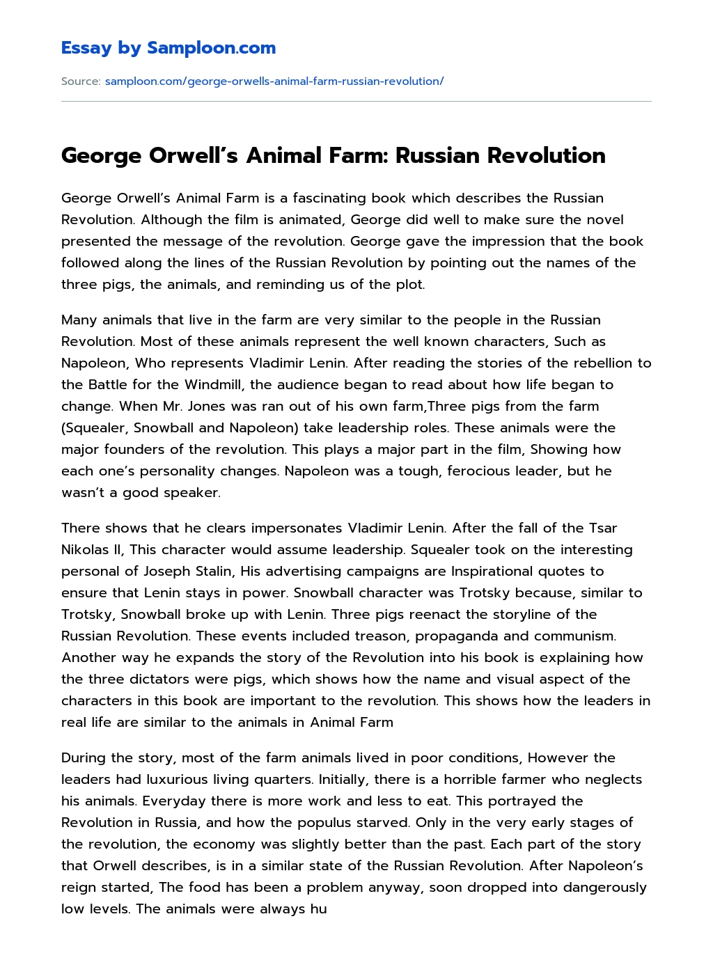 George Orwell's Animal Farm: Russian Revolution Free Essay Sample on  