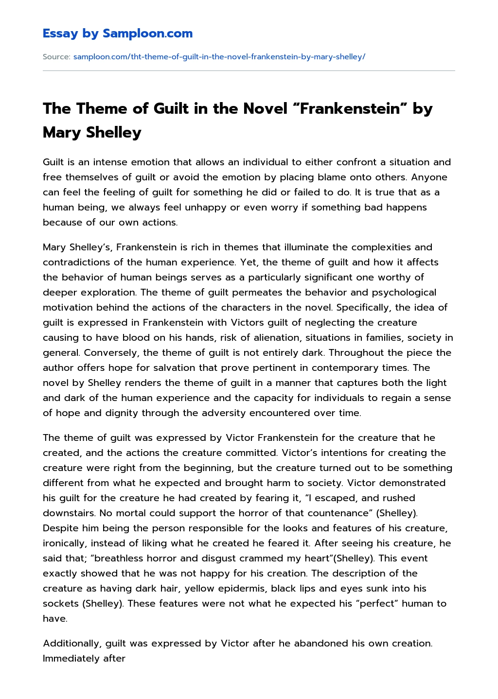 The Theme of Guilt in the Novel “Frankenstein” by Mary Shelley Analytical Essay essay