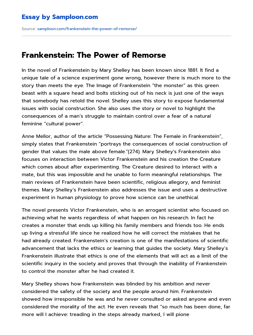 Frankenstein: The Power of Remorse Analytical Essay essay
