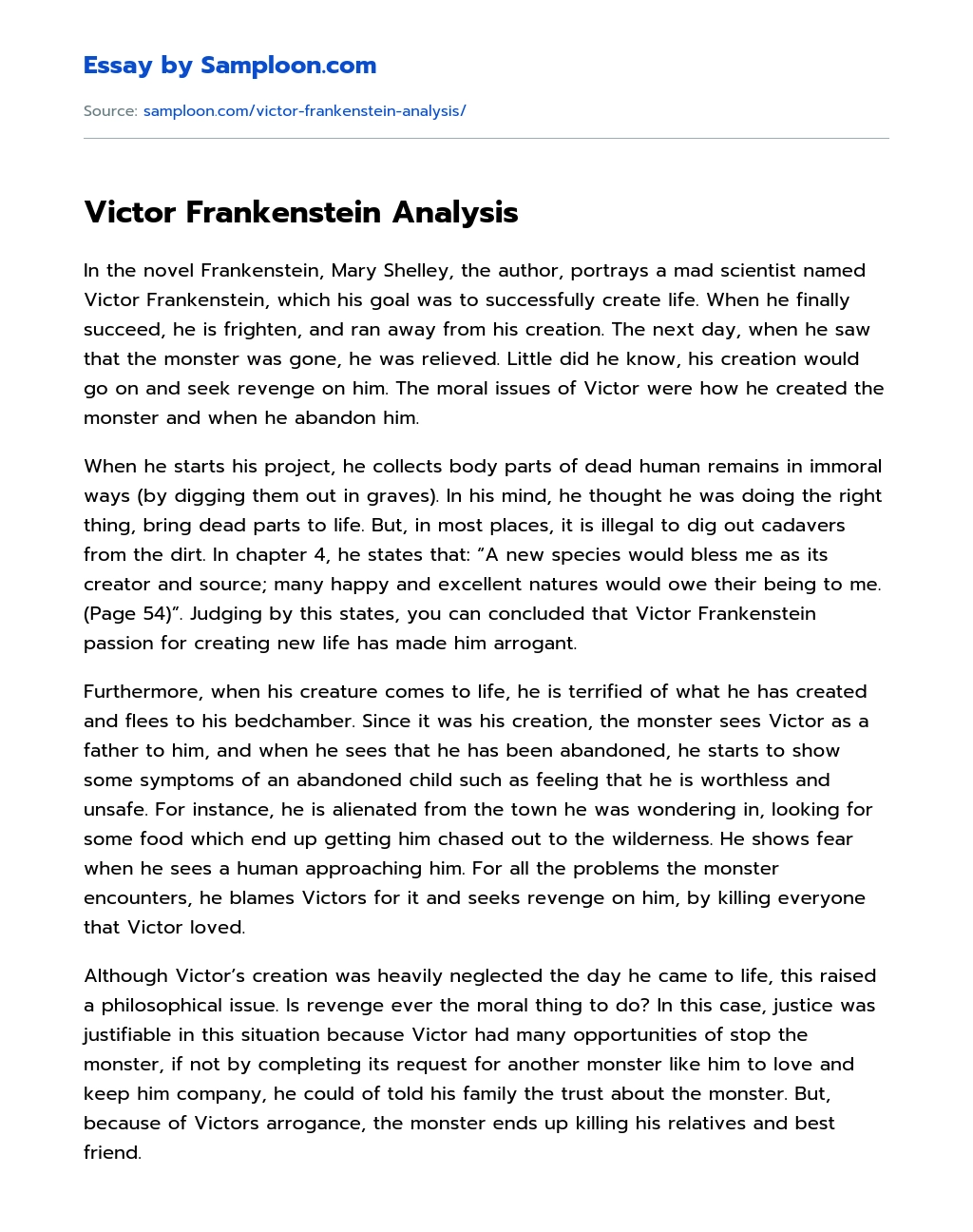 Victor Frankenstein Analysis essay