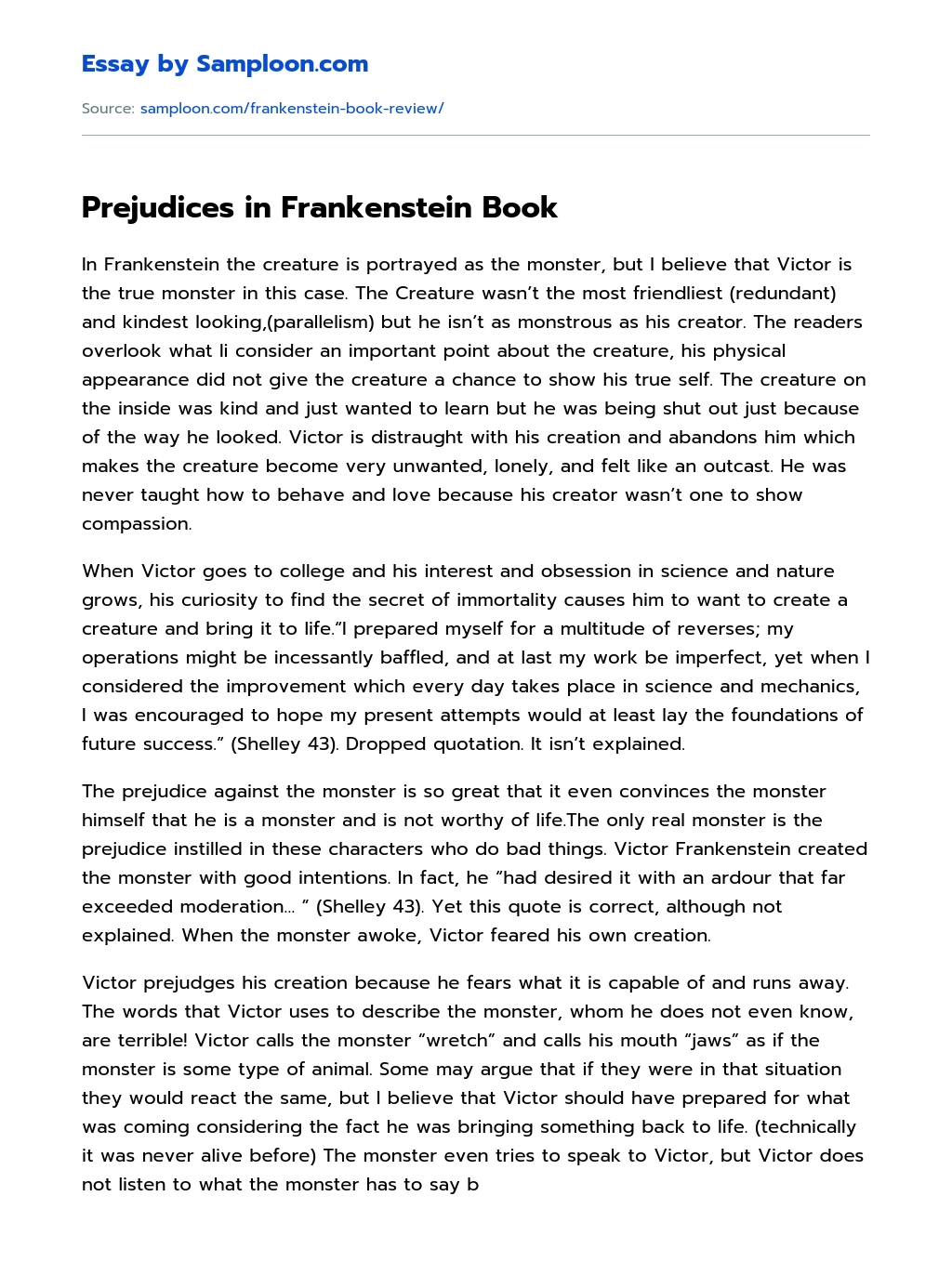 Prejudices in Frankenstein Book Character Analysis essay
