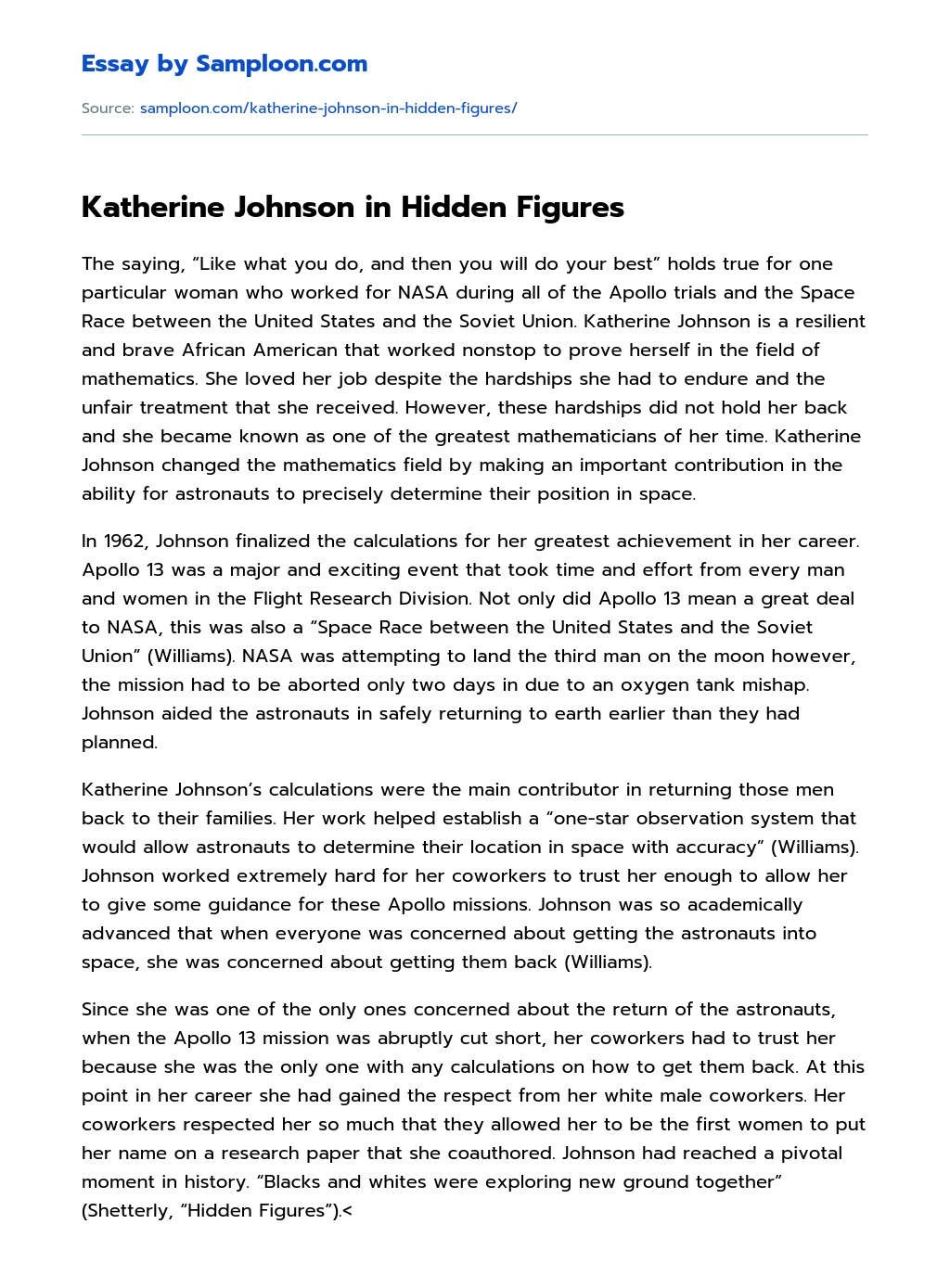 Katherine Johnson in Hidden Figures Character Analysis essay