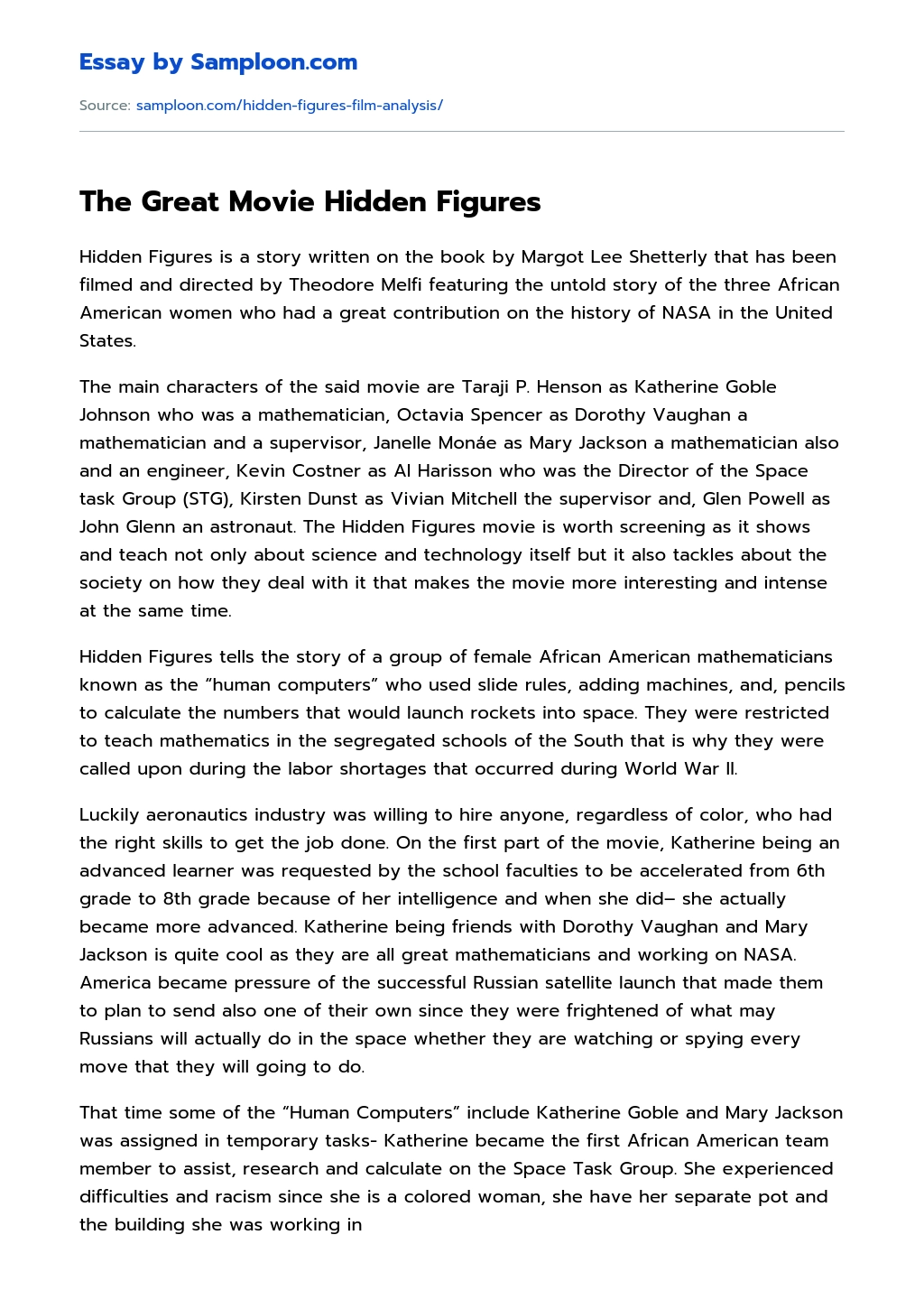 The Great Movie Hidden Figures essay
