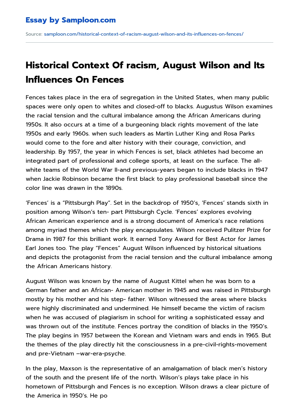 Historical Context Of racism, August Wilson and Its Influences On Fences Analytical Essay essay