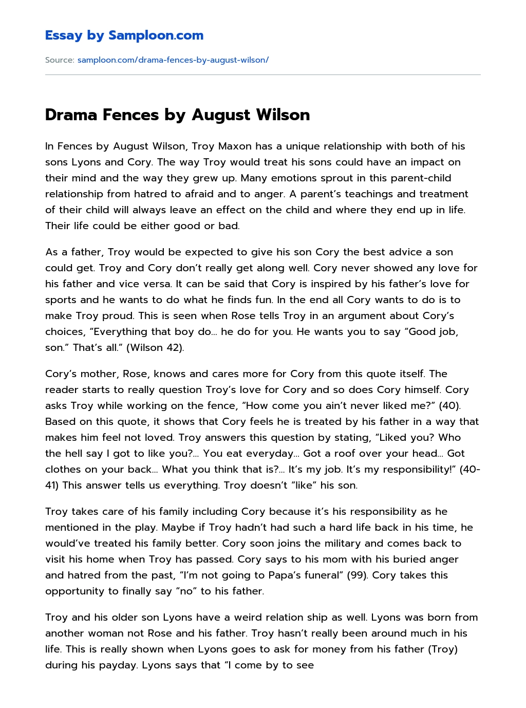 Drama Fences by August Wilson Analytical Essay essay