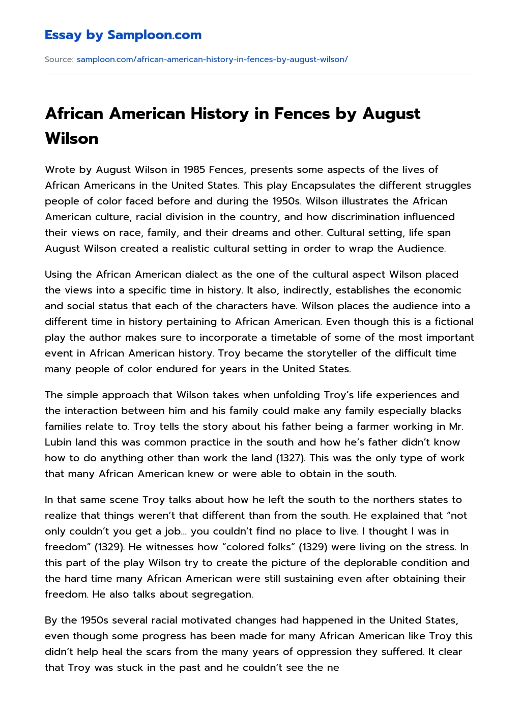 African American History in Fences by August Wilson essay