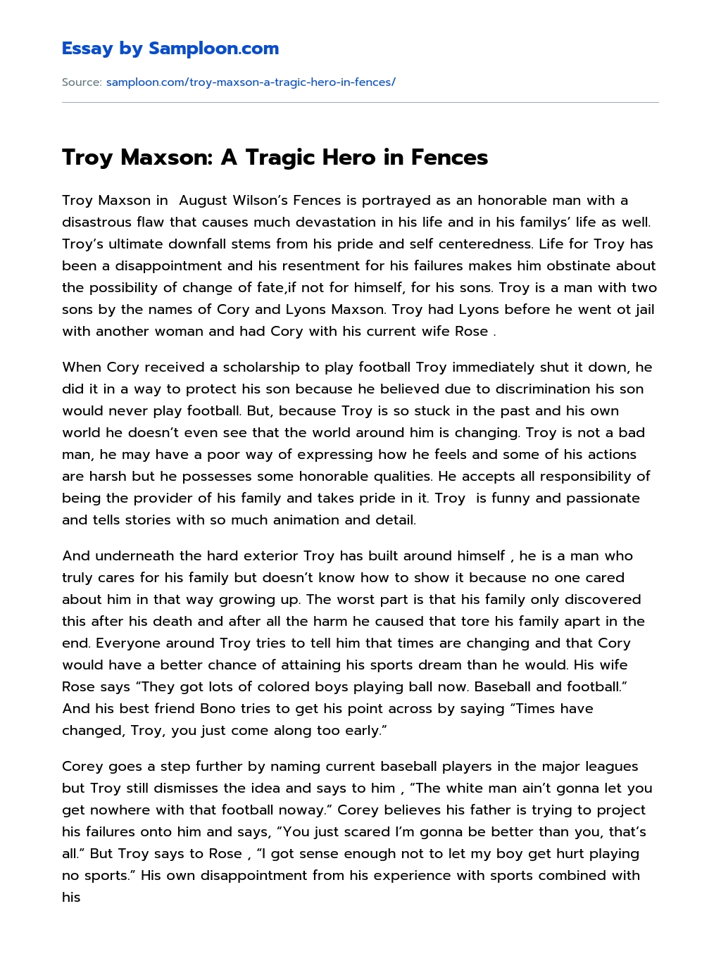 Troy Maxson: A Tragic Hero in Fences Analytical Essay essay