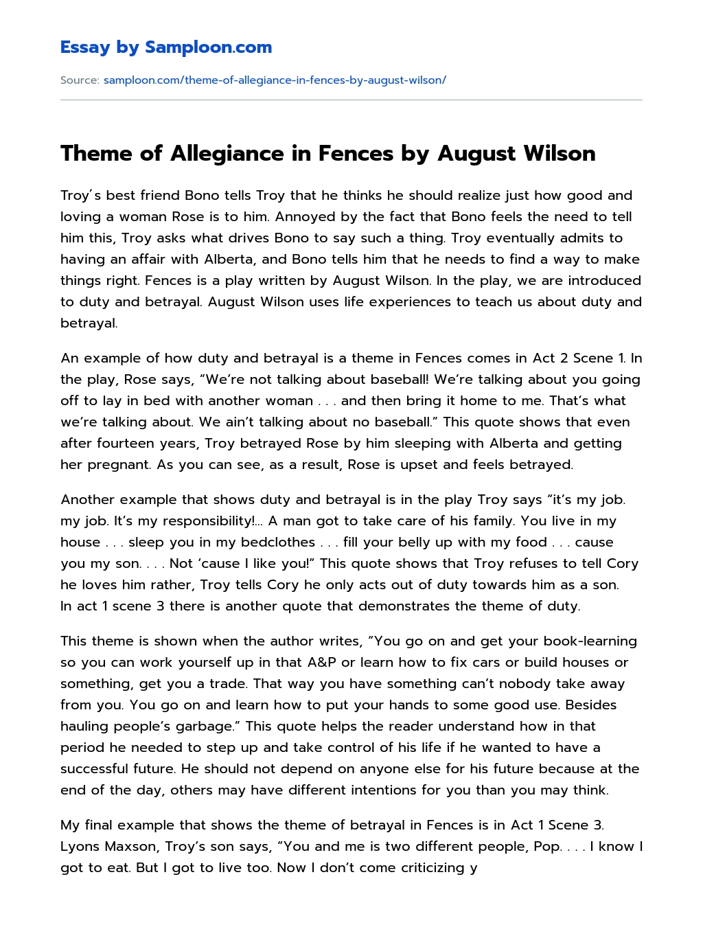 Theme of Allegiance in Fences by August Wilson essay