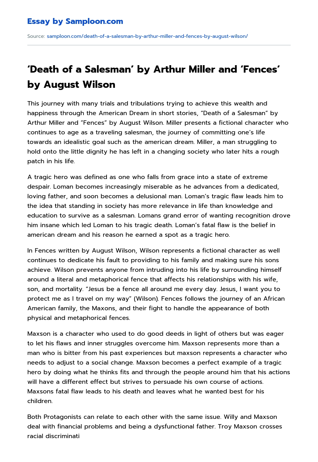 Death of a Salesman’ by Arthur Miller and ‘Fences’ by August Wilson Summary essay