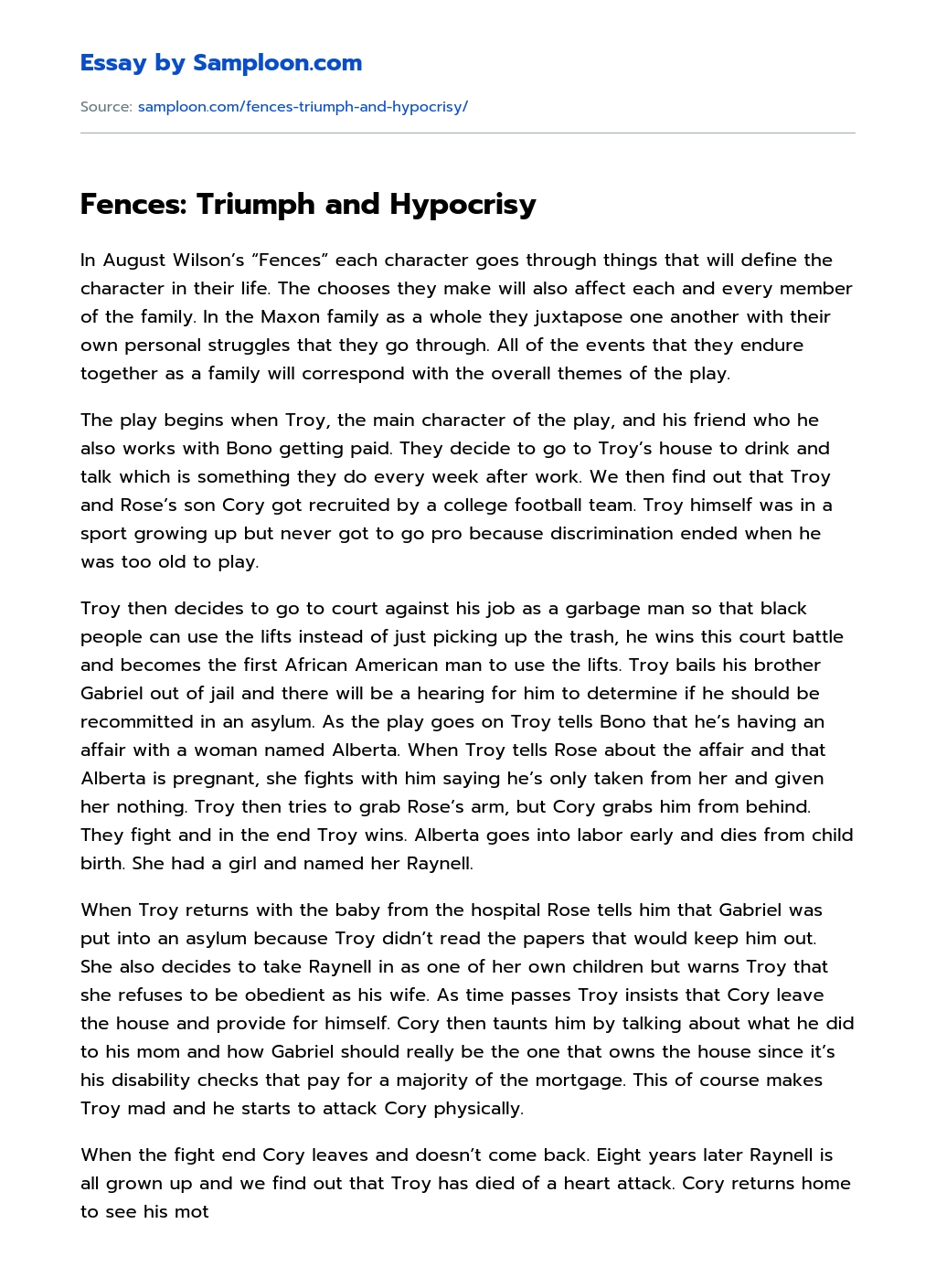 Fences: Triumph and Hypocrisy  essay