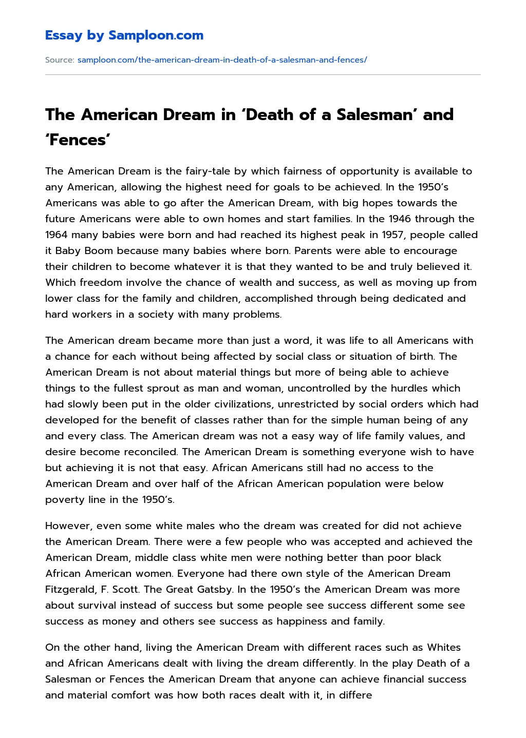 The American Dream in ‘Death of a Salesman’ and ‘Fences’ essay