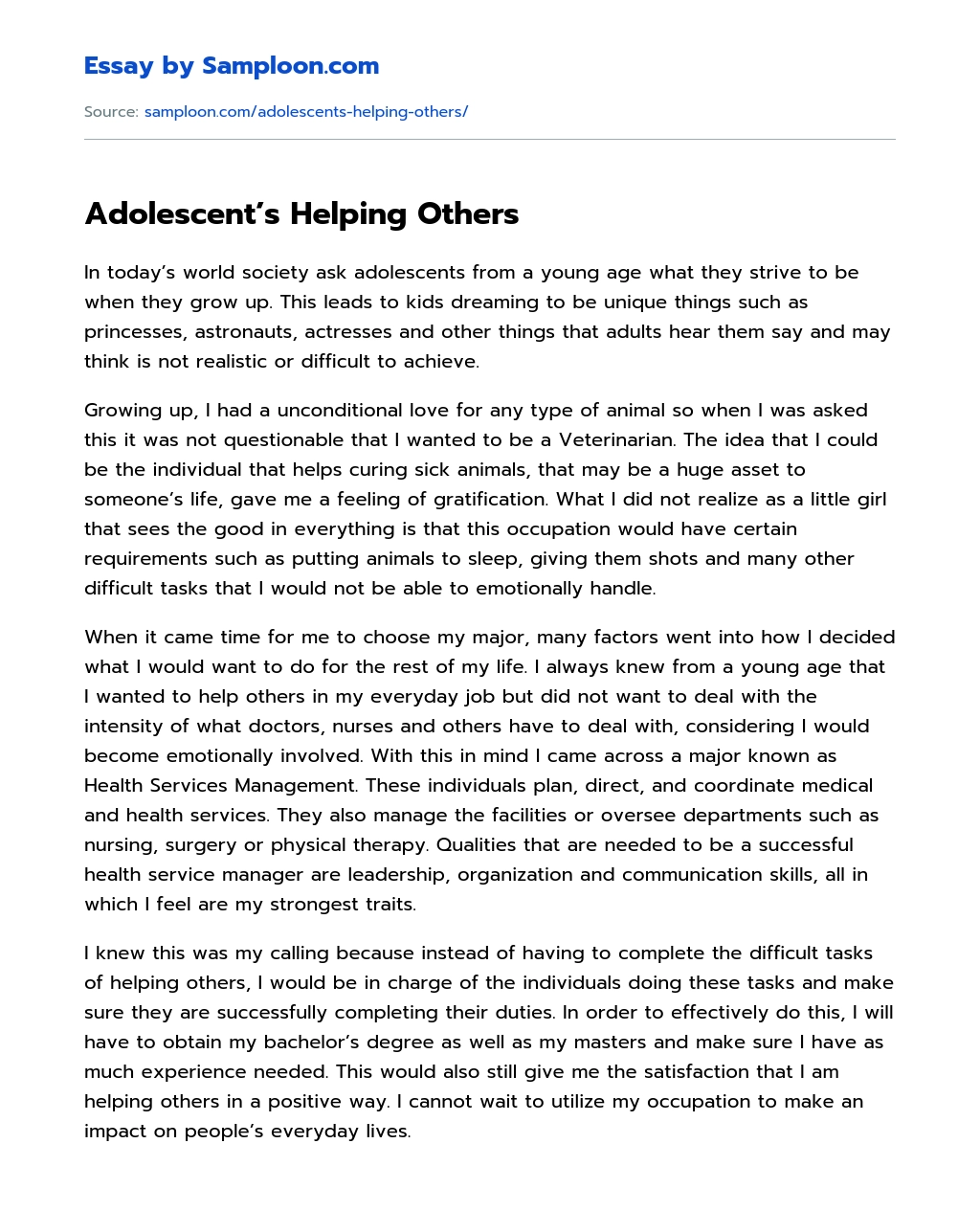 Adolescent’s Helping Others essay