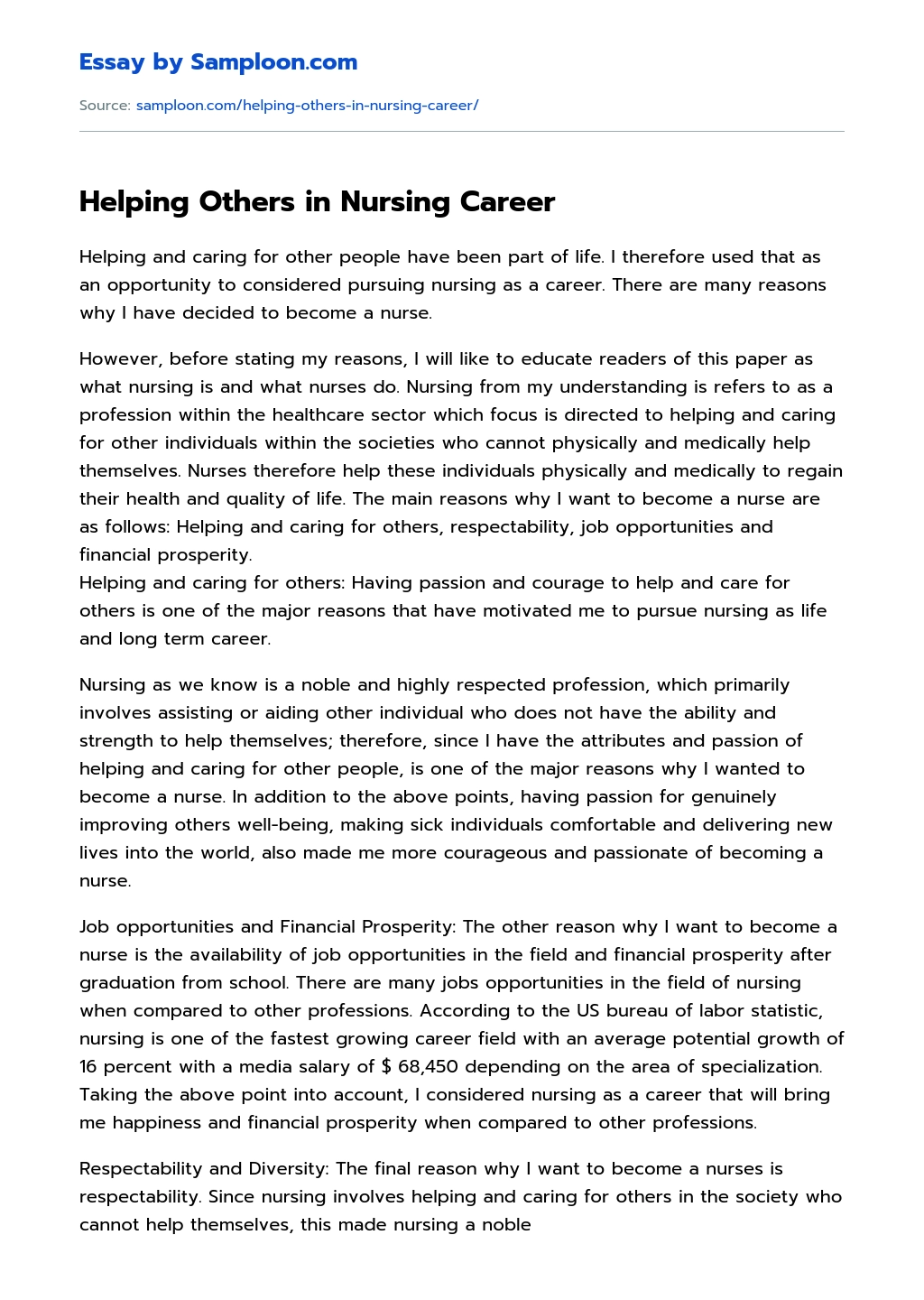 Helping Others in Nursing Career essay
