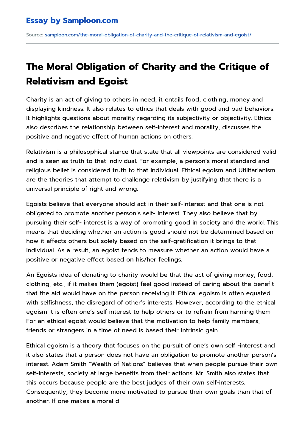 The Moral Obligation of Charity and the Critique of Relativism and Egoist essay