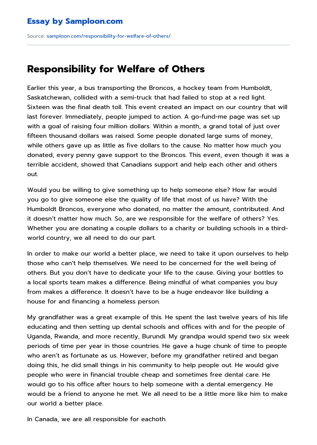 Responsibility for Welfare of Others essay