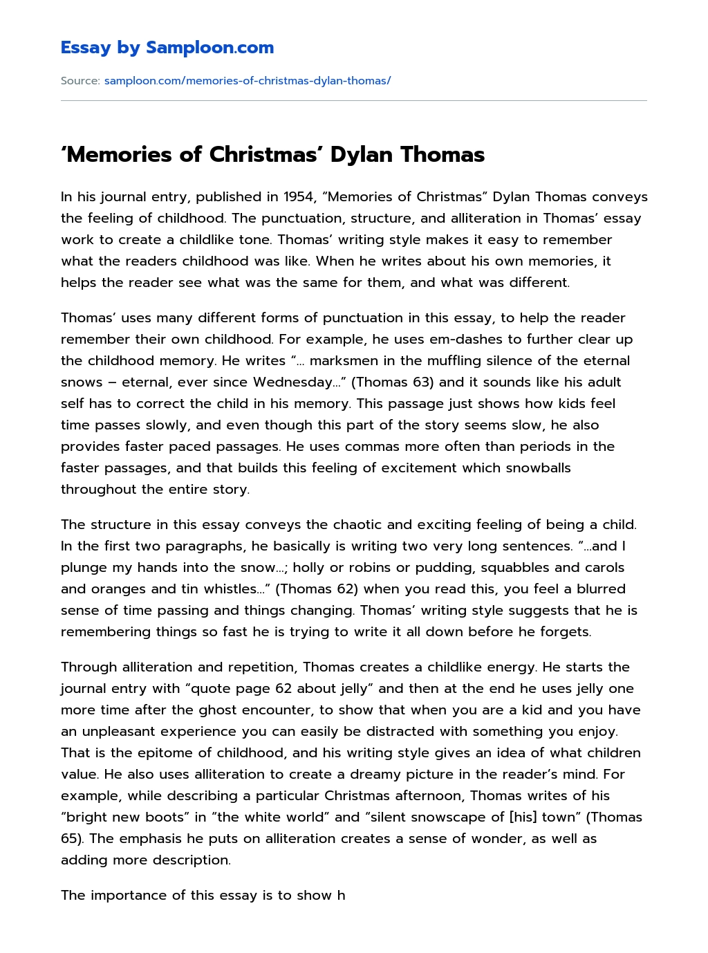 Memories of Christmas’ Dylan Thomas Analytical Essay essay