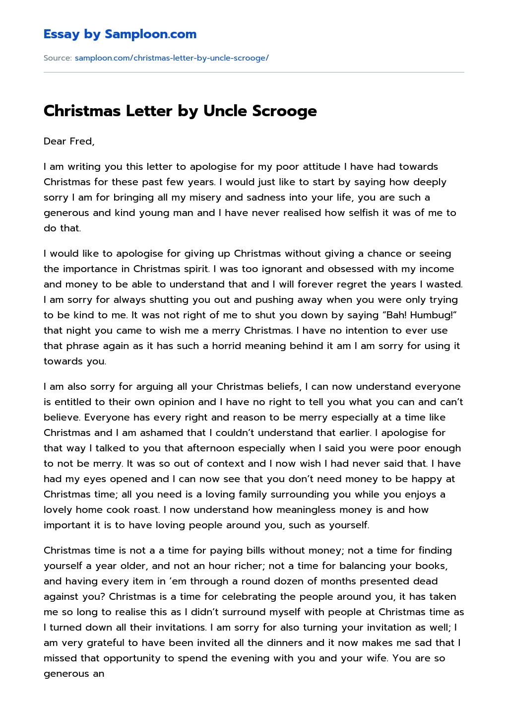 Christmas Letter by Uncle Scrooge essay