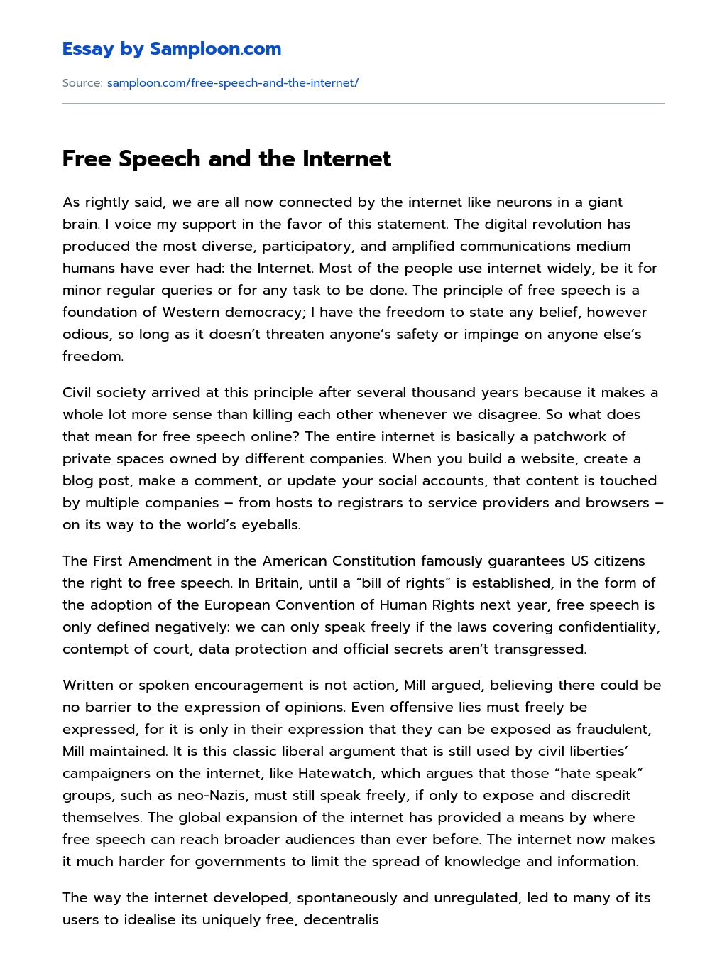 Free Speech and the Internet essay