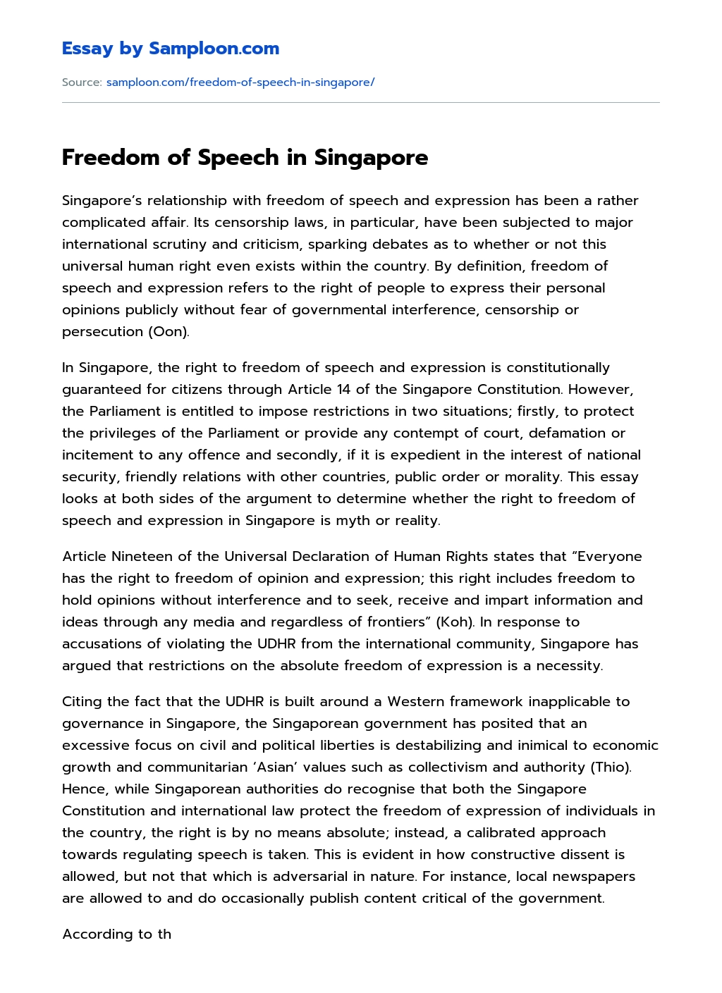 Freedom of Speech in Singapore Argumentative Essay essay