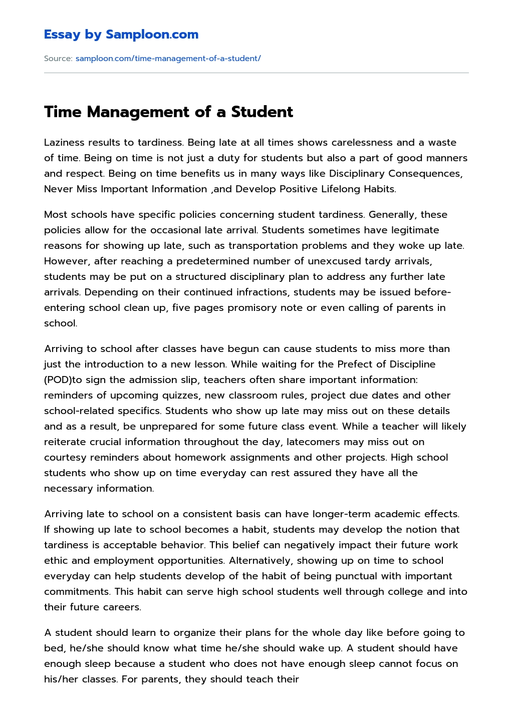 example essays on time management
