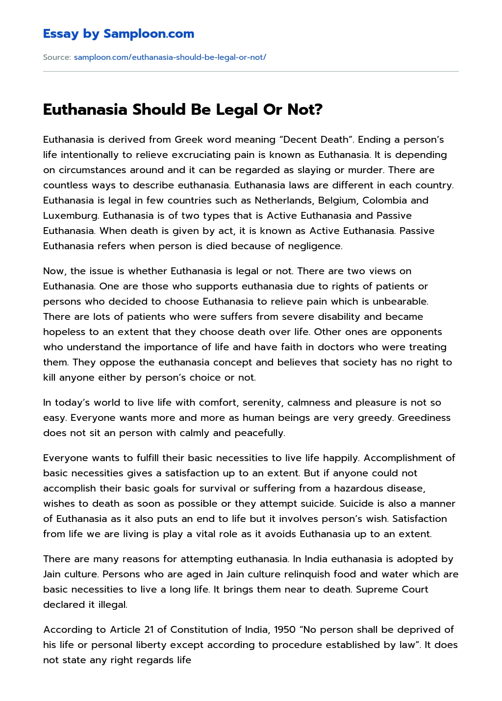 Euthanasia Should Be Legal Or Not? Opinion Essay essay