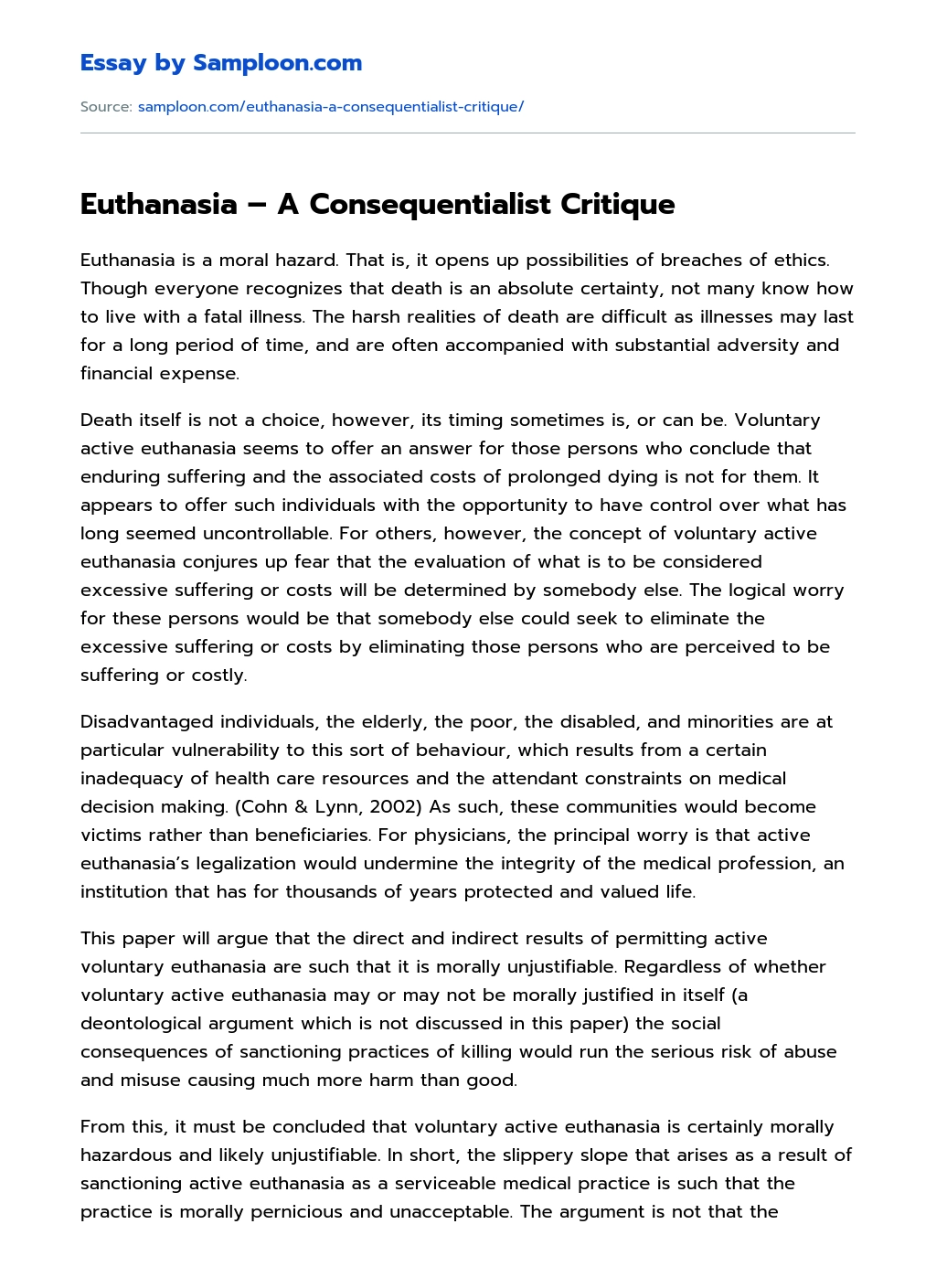 Euthanasia – A Consequentialist Critique essay