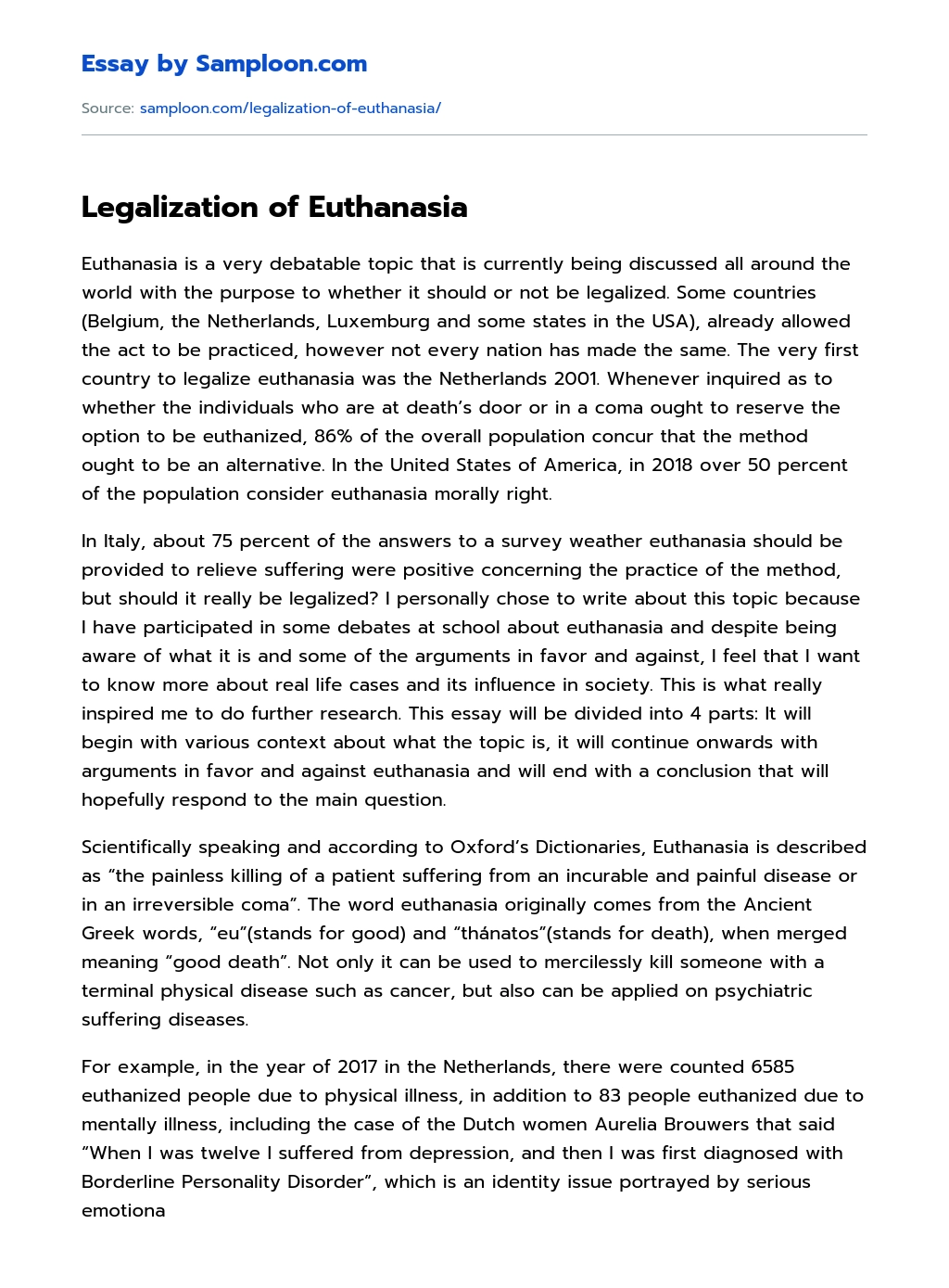 Legalization of Euthanasia essay