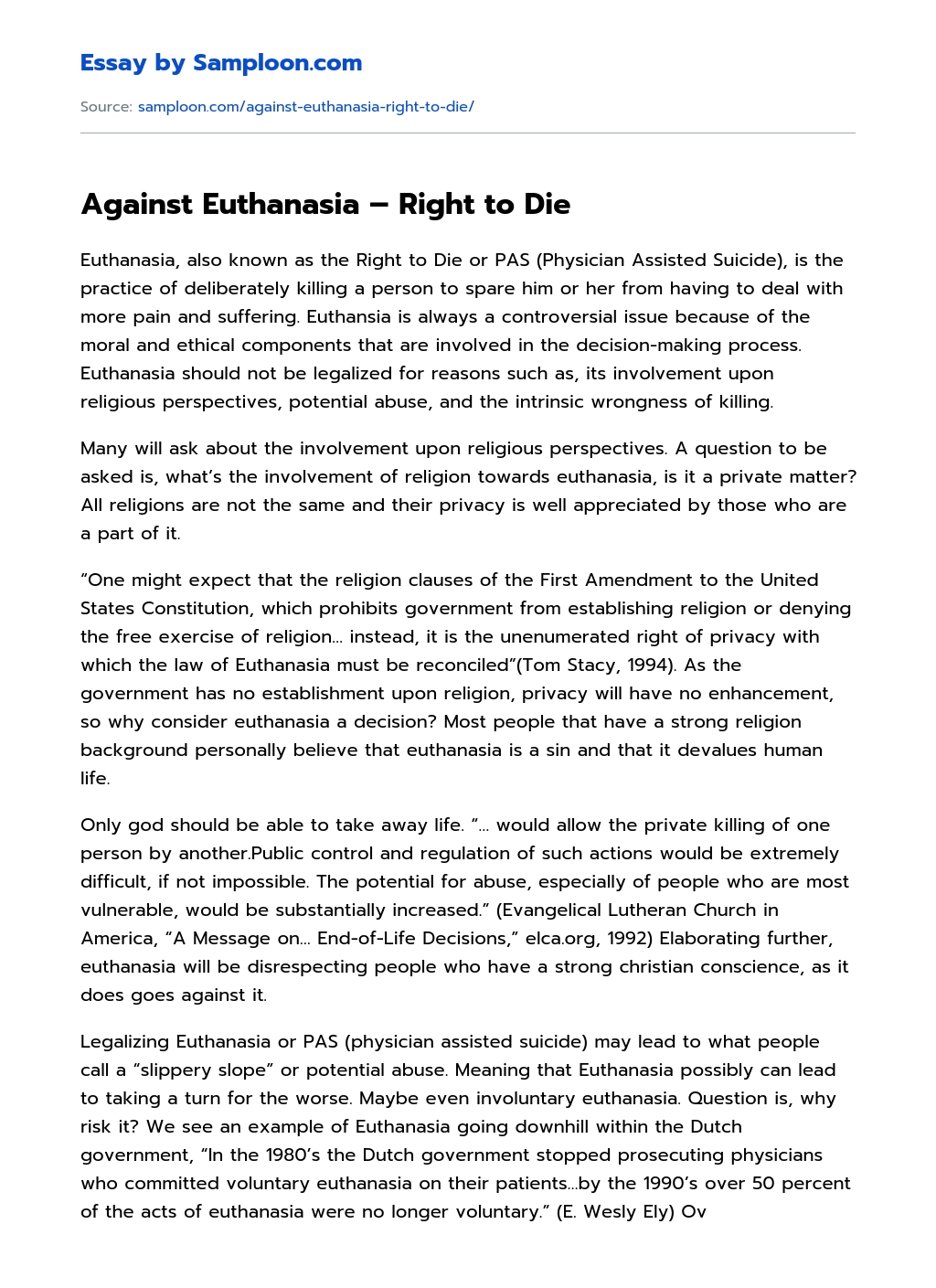 Against Euthanasia – Right to Die essay