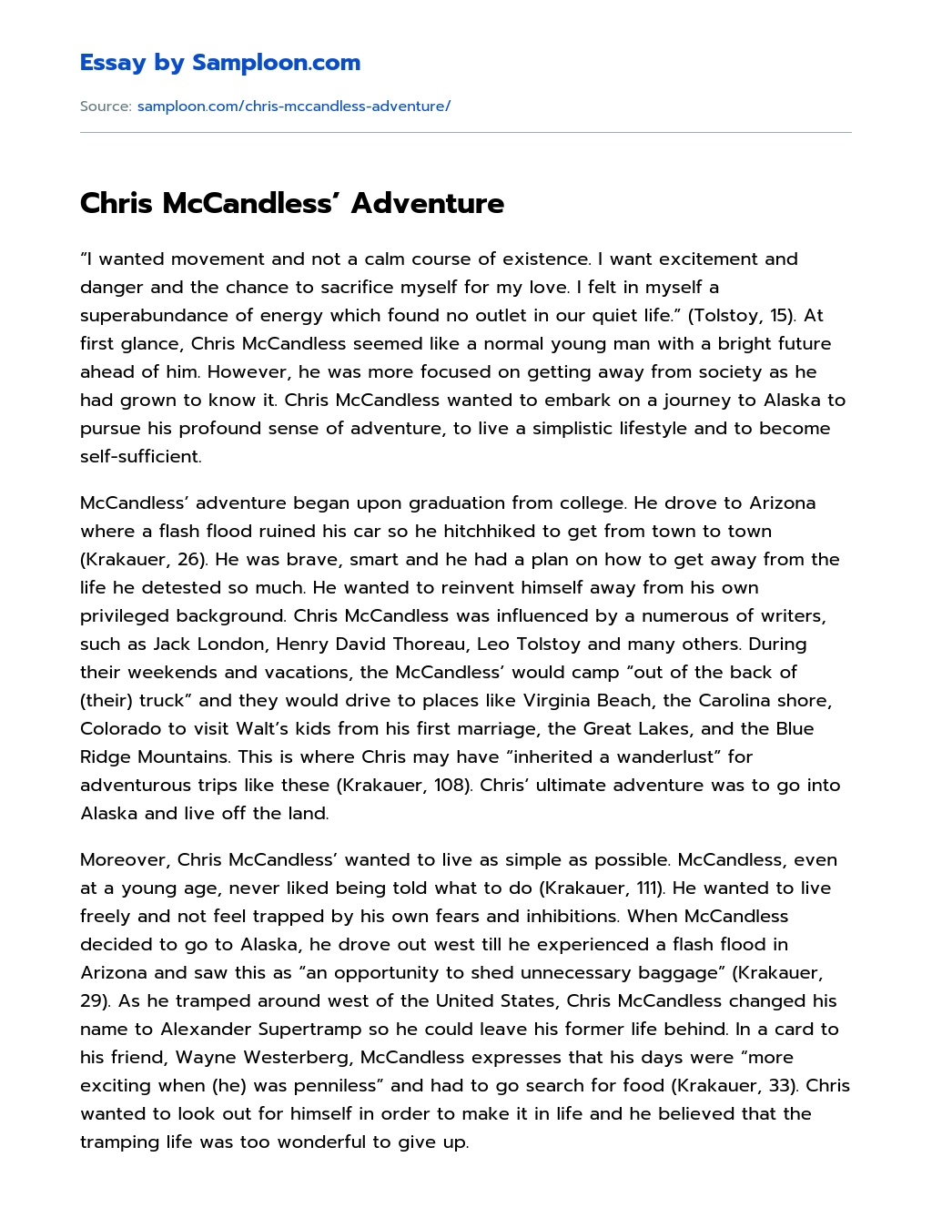 Chris McCandless’ Adventure Personal Essay essay