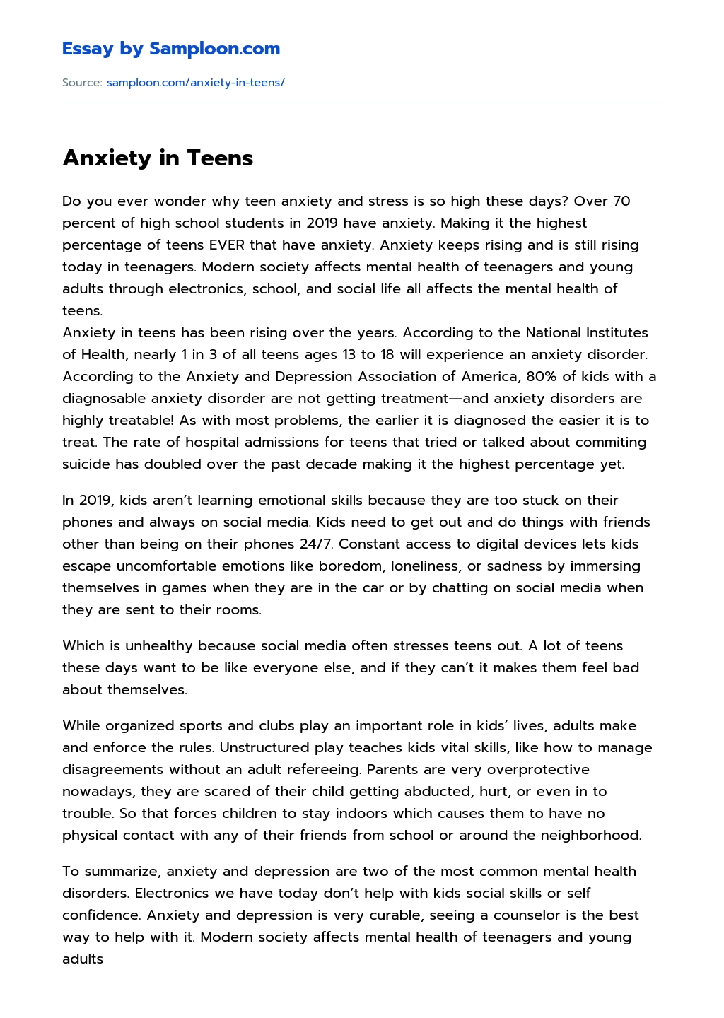 Anxiety in Teens Persuasive Essay essay