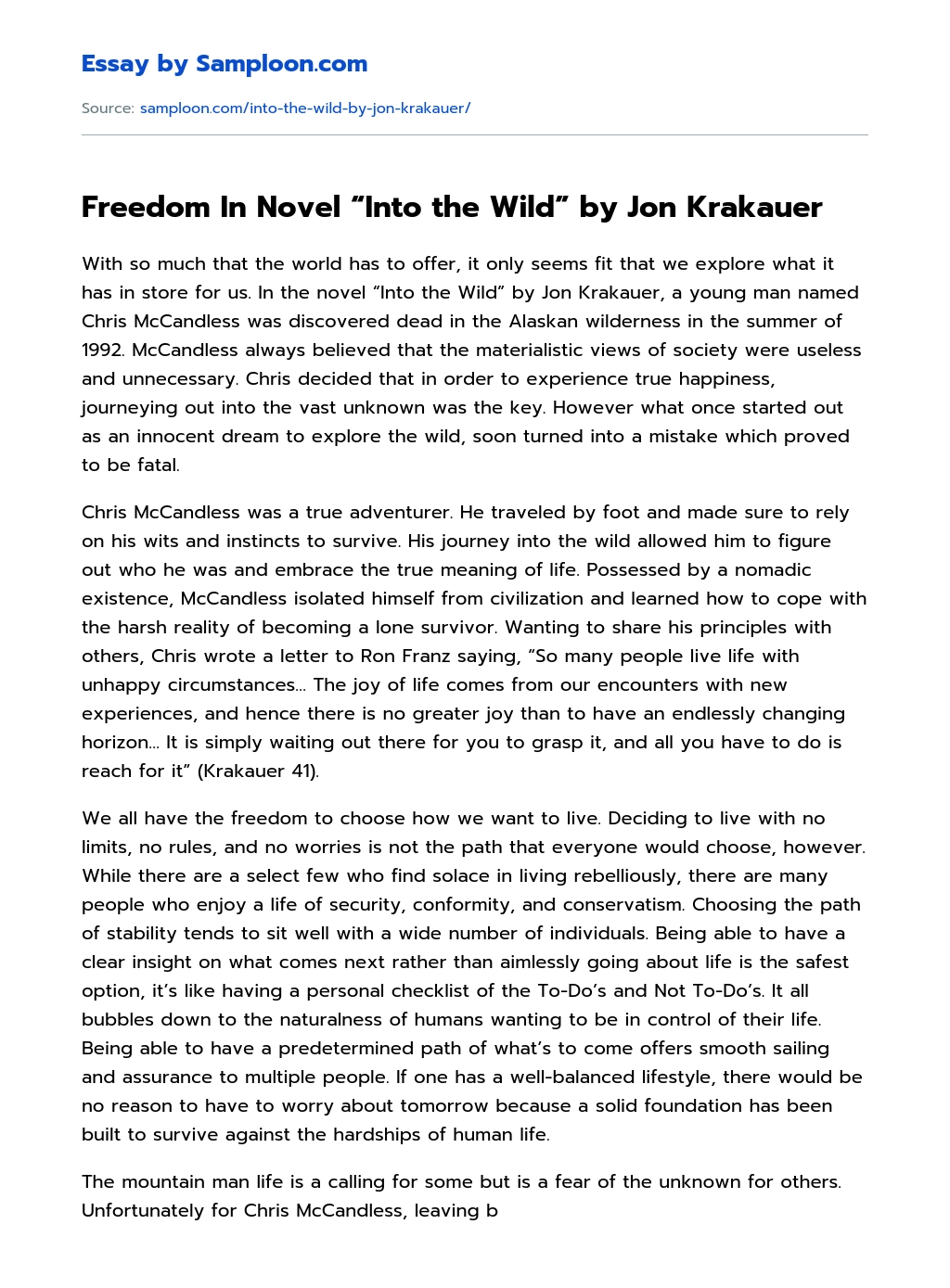 Freedom In Novel “Into the Wild” by Jon Krakauer essay