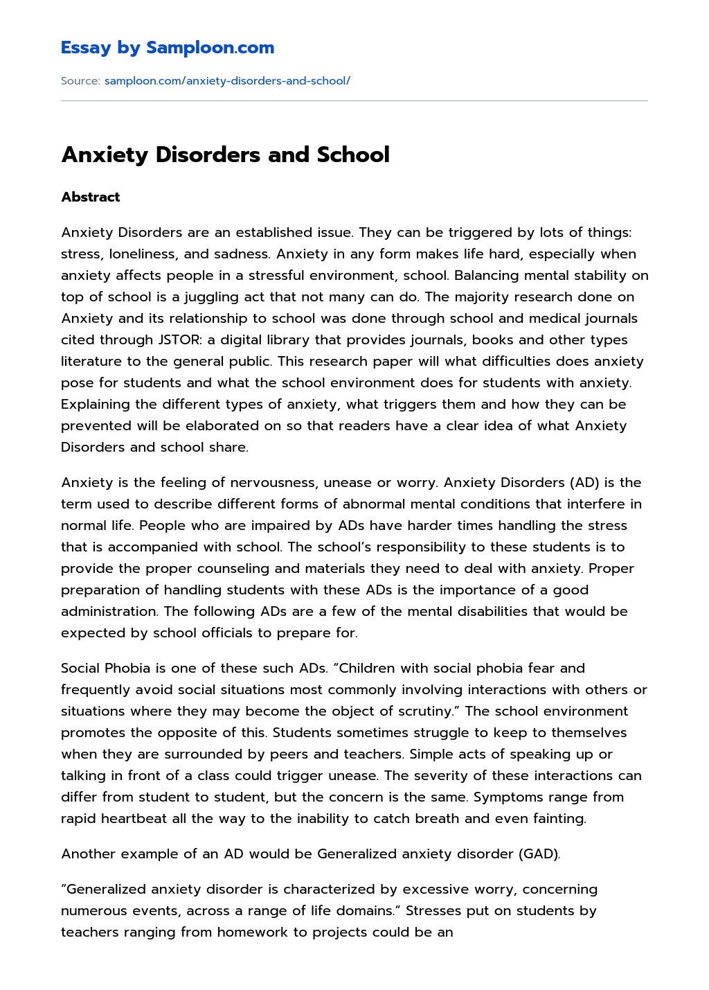 Anxiety Disorders and School essay