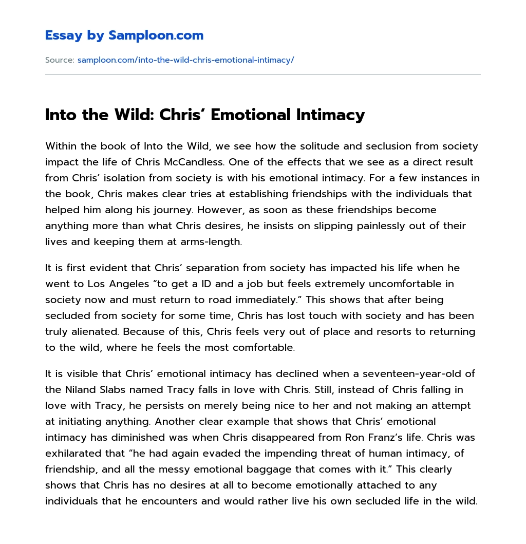 Into the Wild: Chris’ Emotional Intimacy Analytical Essay essay