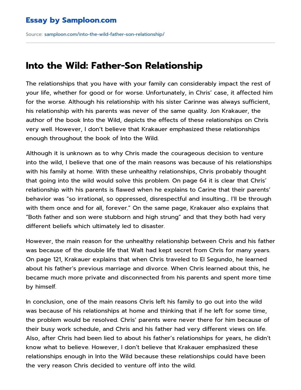 Into the Wild: Father-Son Relationship Analytical Essay essay